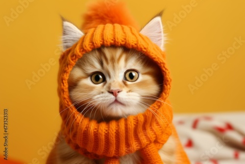 A beautiful cat in clothes on an autumn backdrop. Background with selective focus and copy space © top images