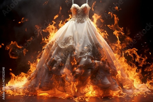 Burning wedding dress in the flames of the fire. Background with selective focus and copy space photo