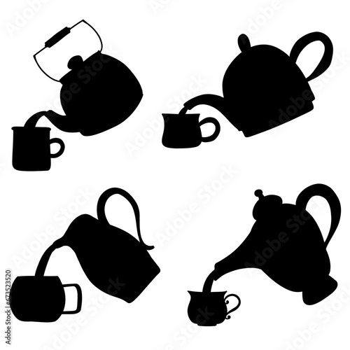 Teacup and Teapot pouring collection. Hand drawn cartoon vintage kitchen tools set. Retro coffee, tea pot and cup pour, kettle ceramic. Householding elements. Silhouette vector illustration isolated