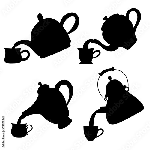 Teacup and Teapot pouring collection. Hand drawn cartoon vintage kitchen tools set. Retro coffee, tea pot and cup pour, kettle ceramic. Householding elements. Silhouette vector illustration isolated