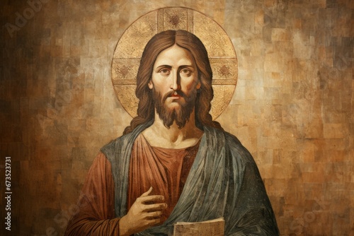 Jesus Christ in the style of an ancient icon. Religious concept with selective focus and copy space photo