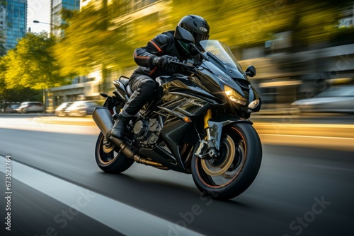 A motorcyclist races at speed on a motorcycle. Background with selective focus and copy space