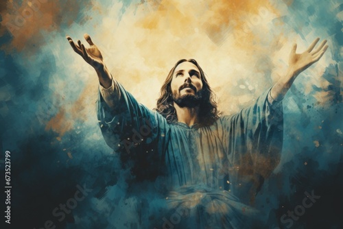 Jesus Christ raises his hands to heaven. Religious concept with selective focus and copy space