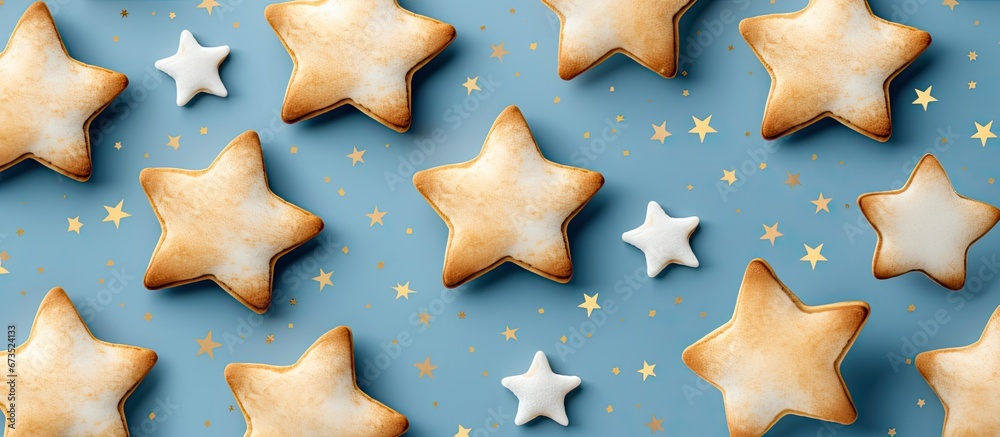 Cookies in the shape of stars flawlessly arranged in a repeating design forming a stylish and edible sample of fashionable food Cookies in the shape of stars flawlessly arranged in a repeating design forming a stylish and edible sample of fashionable food