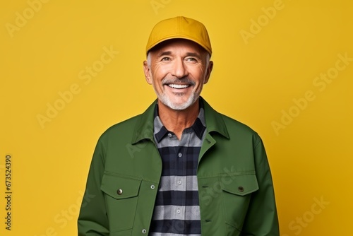 Portrait of a smiling senior man wearing a cap and jacket over yellow background