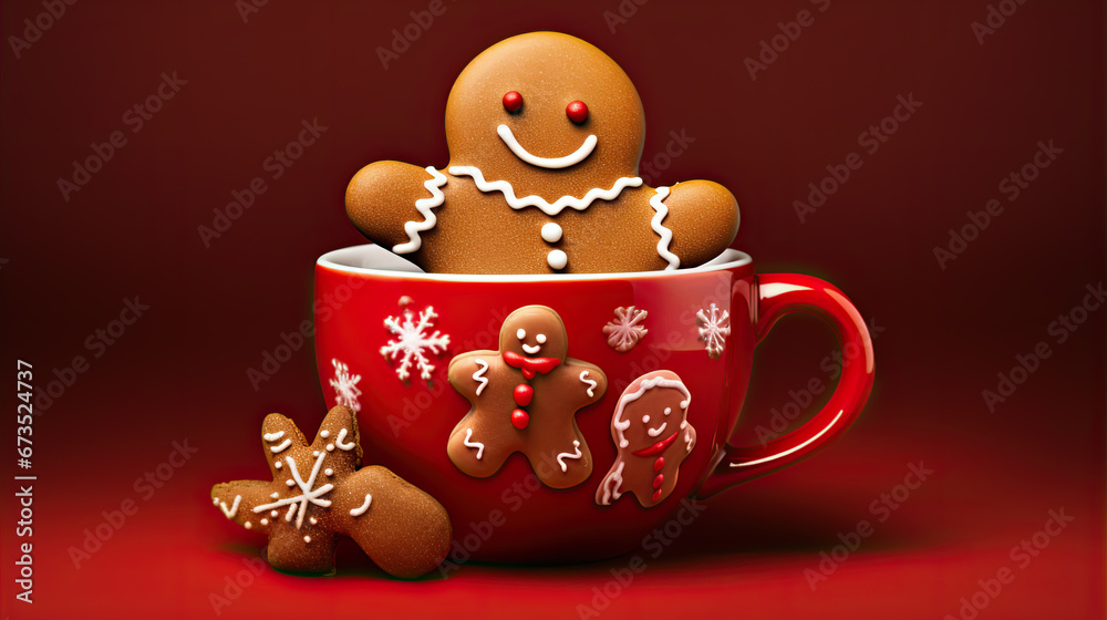 Christmas gingerbread man cookie in red cup. Christmas card Christmas gingerbread man cookie in red cup. Christmas card