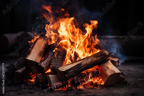 An image of a roaring log camp fire firepit with flames, sticks, embers, ash and smoke on a black background