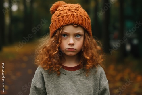 Portrait of a red-haired girl in a knitted hat on the background of the autumn forest.