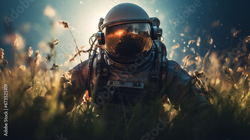 surreal astronaut in valley of dried flowers and grass