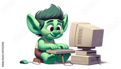 Online troll using a computer - 2D cartoon style illustration against white background photo