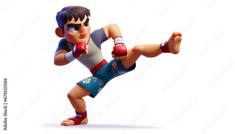 Male kickboxer in action pose ready to spar and fight with boxing gloves and fitness outfit isolated on white background