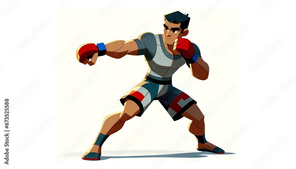 Male kickboxer in action pose ready to spar and fight with boxing gloves and fitness outfit isolated on white background
