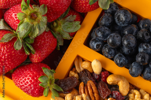 Top view of a lunchbox with fruits and granola