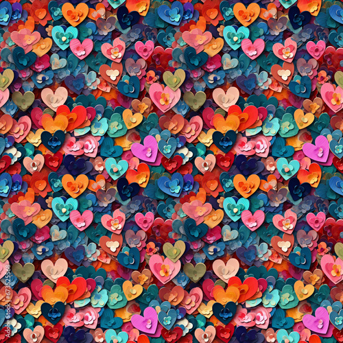 Colorful Heart and Flower Cutouts on Wooden Surface: Detailed and Repeated Pattern © JLabrador