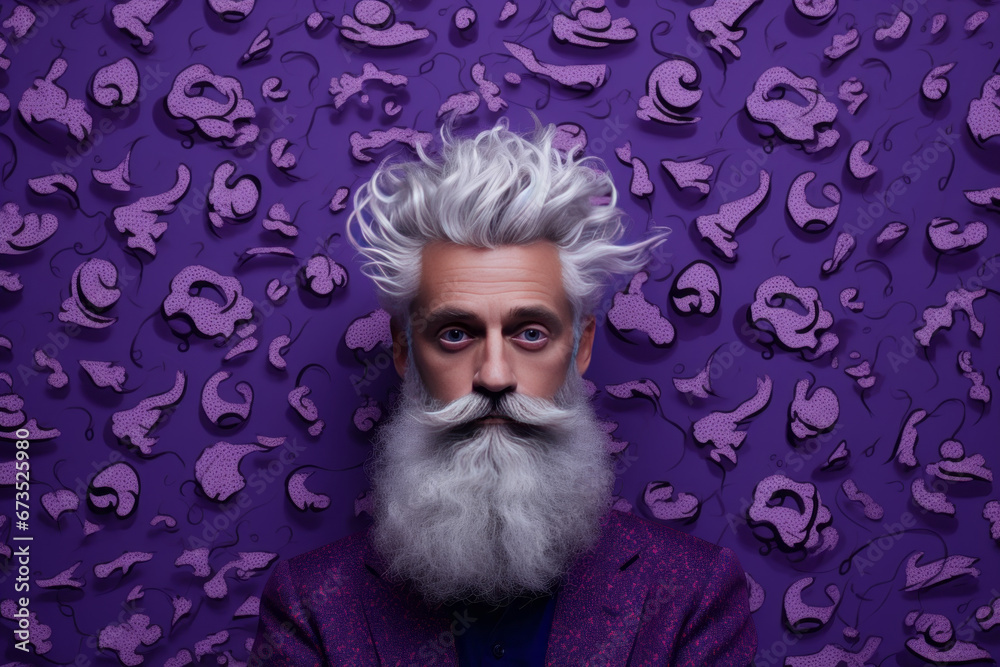 Stylish older man with gray hair in purple suit against retro purple wallpaper. The concept of fashion, charm and romance.