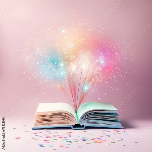 Colorful books with sprinkles and fireworks. Books as a gift. Pastel rainbow colors. The concept of Christmas and New Year book sales, book fairs, poetry and good novels.