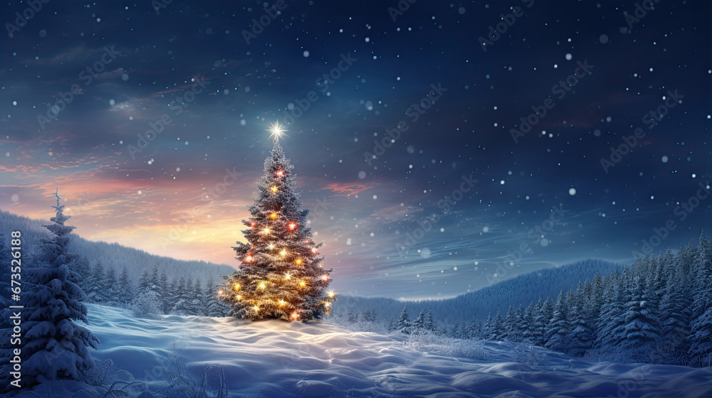 Christmas tree landscape sparkling at night
