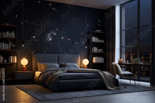 The night atmosphere of the bedroom, adorned with cosmic scenes of stars and space on the ceiling and walls, evokes dreams and fantasies of voyaging through universes and galaxies. Generative AI.