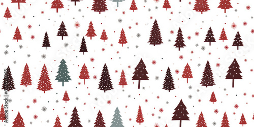  Christmas seamless pattern with drawings of red and burgundy Christmas tree and snowflakes jn white background. Winter christmas background for wrapping paper, textile, wallpaper, cards.