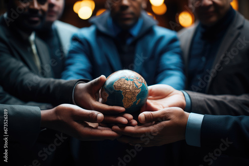 A globe surrounded by hands in a show of unity and global cooperation. Generative Ai.