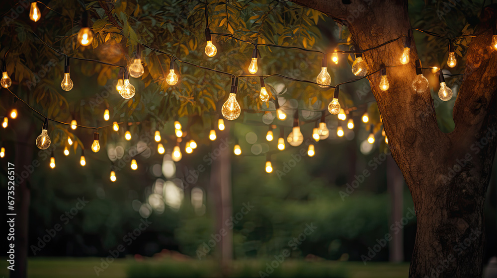 Decorative outdoor string lights hanging on tree in the garden at night time - obrazy, fototapety, plakaty 