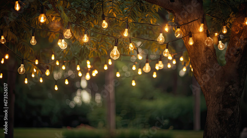 Decorative outdoor string lights hanging on tree in the garden at night time photo