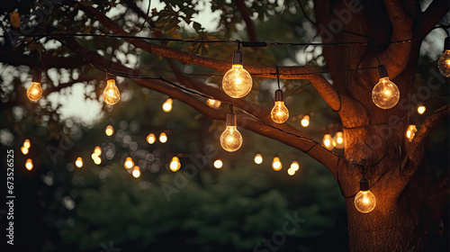 Decorative outdoor string lights hanging on tree in the garden at night time