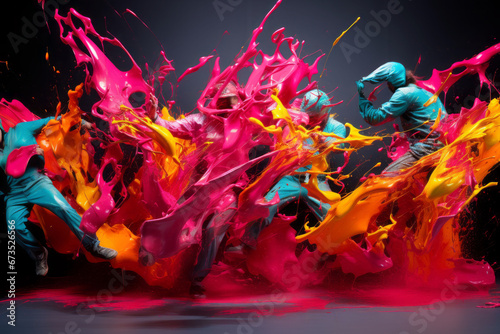 Men in suits and hats dance dynamically in colorful waves. Contemporary art, concept of dance, music, passion.
