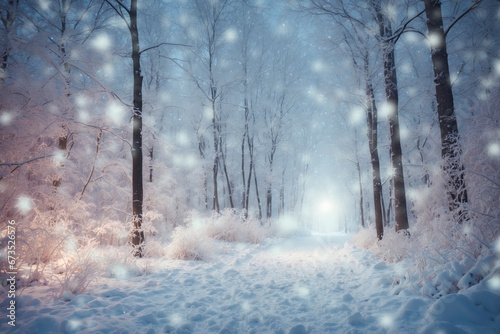 Enchanted snowy forest scene with trees, glistening snowflakes, and a glowing light in the distance. © Rysak