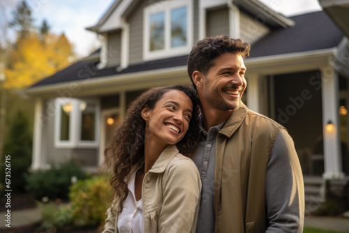 A joyful young couple stands before their new residence, exemplifying the act of purchasing a new house. This scene embodies the real estate lifestyle concept. Generative Ai.