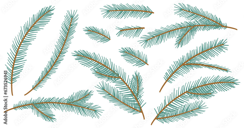 Collection Christmas Fir Tree Branch. New year green sketch branches set. Firtree or pine. Xmas spruce decoration hand drawn graphic elements. Cartoon drawing doodle vector illustration.