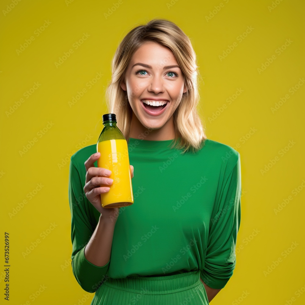 a vibrant Danish woman radiating good health and enthusiasm. She stands before a green screen background, dressed in cheerful yellow exercise attire, her face illuminated with excitement a vibrant Danish woman radiating good health and enthusiasm. She stands before a green screen background, dressed in cheerful yellow exercise attire, her face illuminated with excitement