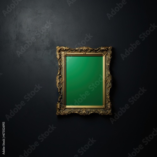 A plain green screen in a picture frame against a black wall
