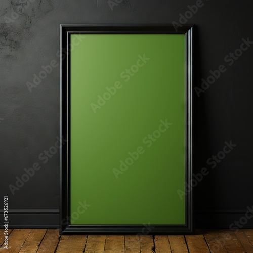 A plain green screen in a picture frame against a black wall