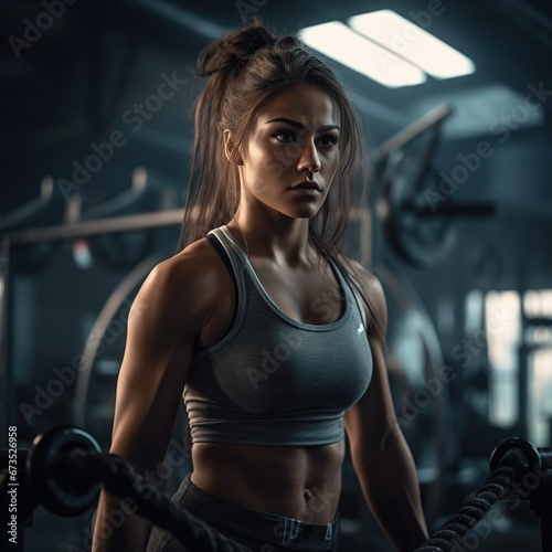 a strong girl training in the gym, muscular definition, very high quality image, beautiful girl, good light