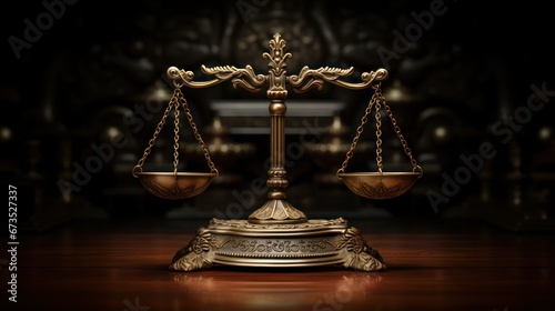 Carefully carved judicial scales with ornamental decorations on a shiny wooden background