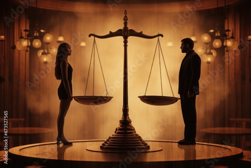 Representation of gender equality: a woman and a man flank the judicial scales. Gender balance.