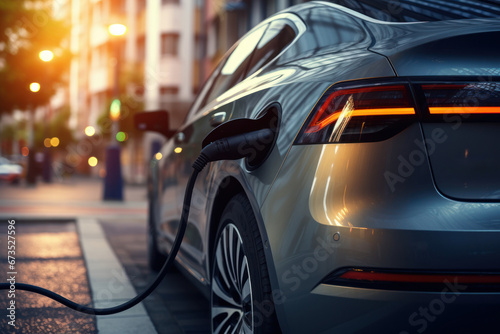 The concept of eco-friendly power is depicted through an electric vehicle charging station, complete with a plugged-in power cable supply. Generative Ai.