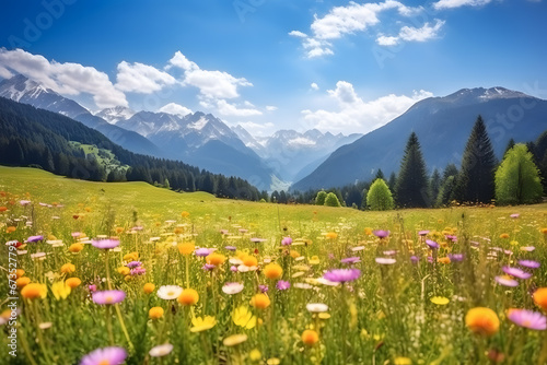 Beautiful mountain village scenery with fresh green meadows