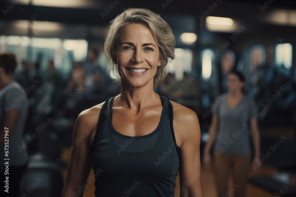 A middle-aged woman stands in a fitness studio, expressing her active lifestyle and camaraderie with friends, often associated with sports activities. Generative Ai.