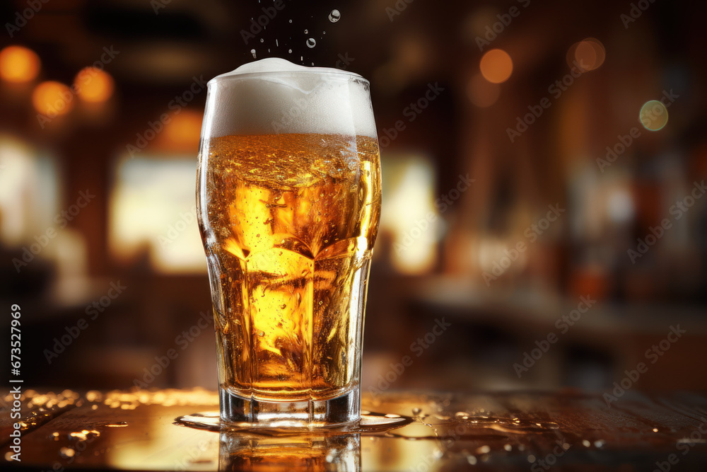 A cold beer is poured into a glass from a tap within a pub setting, creating an enticing background. Generative Ai. A cold beer is poured into a glass from a tap within a pub setting, creating an enticing background. Generative Ai.