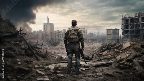 Soldier from behind with rifle in hand looks at the bombed city. War, war time. photo