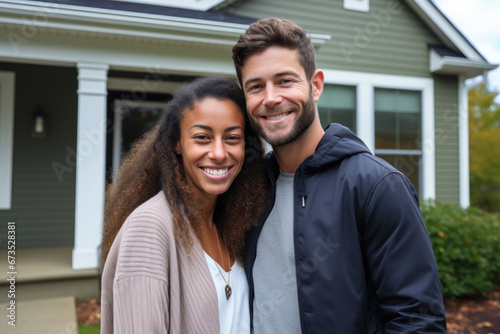 A happy young couple stands before their new home, marking the joyous occasion of purchasing a new house in the real estate market. Generative Ai.
