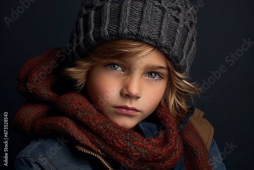A closeup portrait of a fashionable boy wearing a warm winter hat and scarf.