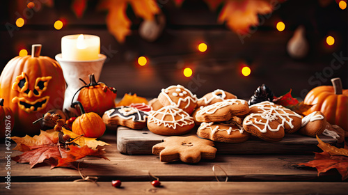 Homemade halloween holiday treats for kids. Gingerbread cookies on wooden board, decorated with pumpkins and autumn leaves. Cozy fall home atmosphere