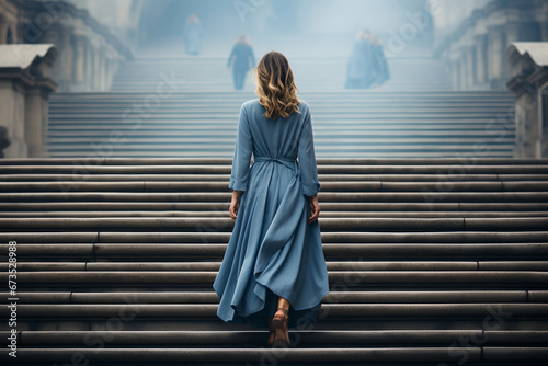 Young woman in a blue dress walks up the stairs