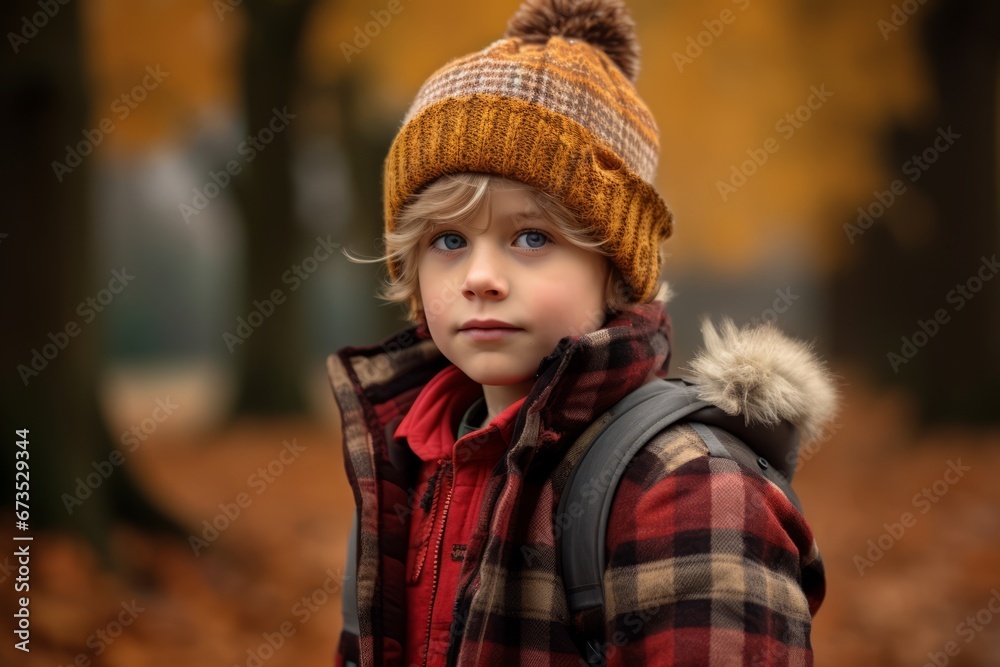 Cute little boy in warm hat and coat in autumn forest. Cute little boy in warm hat and coat in autumn forest.