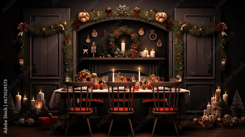 Interior design of warm dinning room interior with christmas table, wooden console, christmas gifts, gingerbread, candle, star on wall christmas wreath and personal accessories. Home decor. Template. 