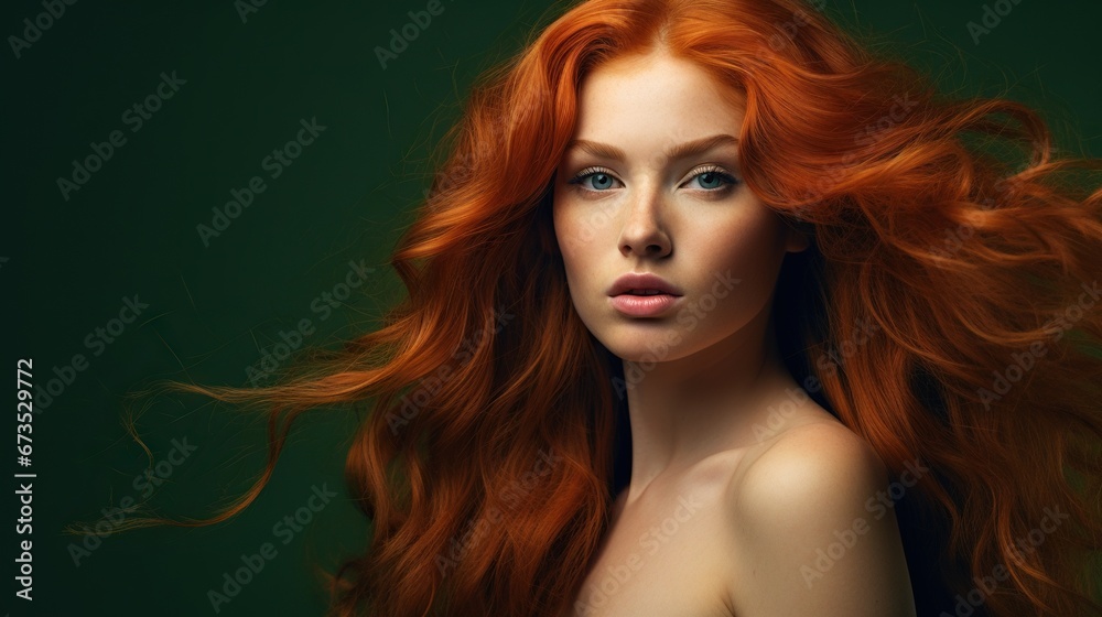 Naklejka premium hyper realism, shooting, professional model on the back, hair photo, long red hair, green background.
