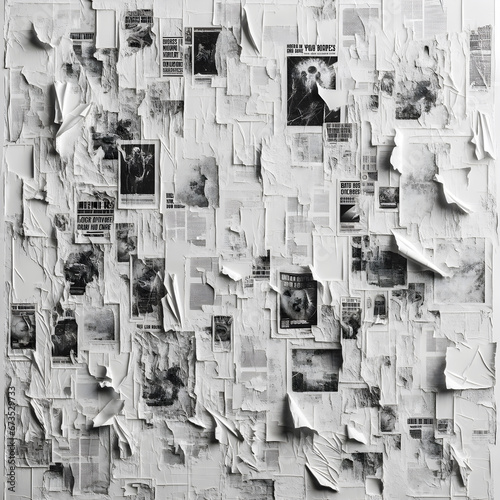 Collage of ripped and torn white posters overlapping on an urban wall, offering a creased texture in the style of advertising posters and pictures